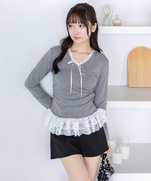 clear | フロントリボンレースフリルカットソー［骨格ウェーブ／バレエコア／フェミニン／レイヤード風］(Tシャツ/カットソー)
