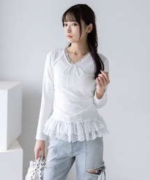 clear | フロントリボンレースフリルカットソー［骨格ウェーブ／バレエコア／フェミニン／レイヤード風］(Tシャツ/カットソー)