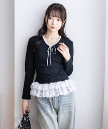 clear | フロントリボンレースフリルカットソー［骨格ウェーブ／バレエコア／フェミニン／レイヤード風］(Tシャツ/カットソー)