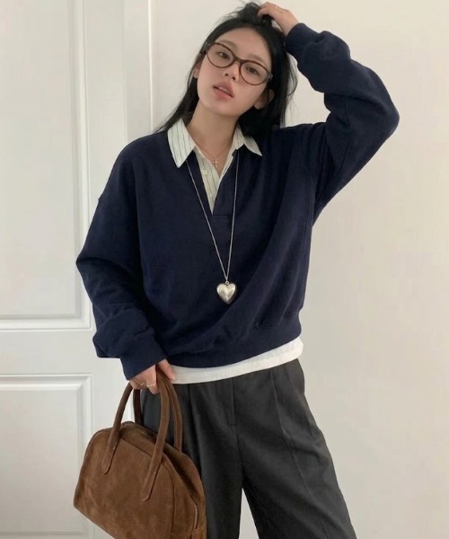 Teem Store(チームストア)の「ストライプシャツ襟 レイヤード風スウェット(スウェット・レディース・ネイビー・M)」の14枚目の写真