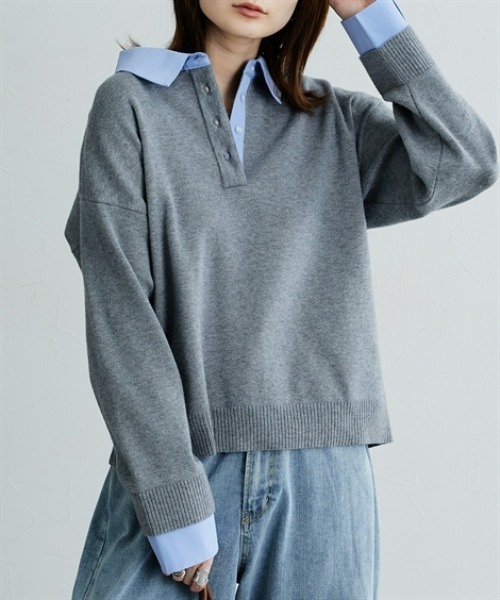 nissen(ニッセン)の「【低身長/高身長サイズ有】シャツドッキング風ニット(Petitjo/slattgir)(ニット/セーター・レディース・ブラウン/杢グレー・M/L/LL/TM/TL/TLL/T3L)」の1枚目の写真