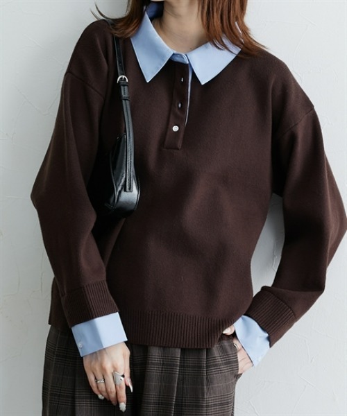 nissen(ニッセン)の「【低身長/高身長サイズ有】シャツドッキング風ニット(Petitjo/slattgir)(ニット/セーター・レディース・ブラウン/杢グレー・M/L/LL/TM/TL/TLL/T3L)」の2枚目の写真