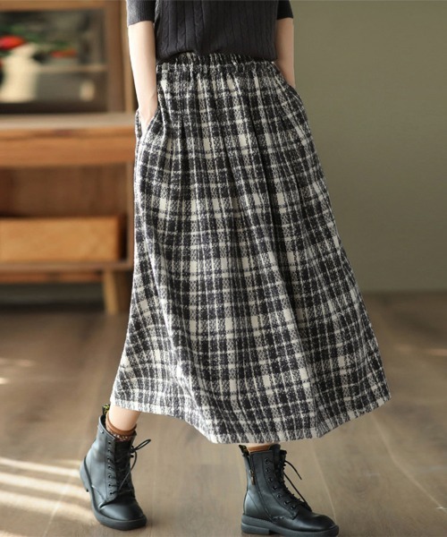 ReRe(リリ)の「プリーツ風チェック柄フレアスカート(スカート・レディース・グリーン/オフホワイト/オレンジ・LARGE/MEDIUM/X-LARGE)」の6枚目の写真