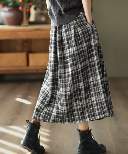 ReRe(リリ)の「プリーツ風チェック柄フレアスカート(スカート・レディース・グリーン/オフホワイト/オレンジ・LARGE/MEDIUM/X-LARGE)」の7枚目の写真