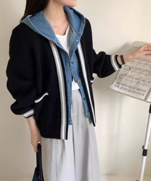 Aelina(エリナ)の「フード付きフェイクレイヤードニットカーディガン(ニット/セーター・レディース・ホワイト系その他/ベージュ系その他2/ブラウン系その他2/ブラック系その他2/ホワイト系その他2/ベージュ系その他/ブラウン系その他/ブラック系その他・FREE)」の4枚目の写真
