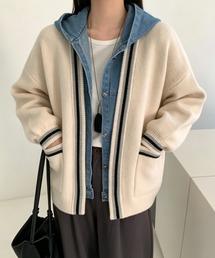 フード付きフェイクレイヤードニットカーディガン