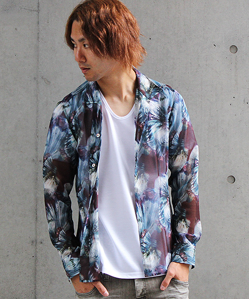 TORNADO MART(トルネードマート)の「TORNADO MART∴フラワープリントシフォンシャツ(シャツ/ブラウス)」|ネイビー