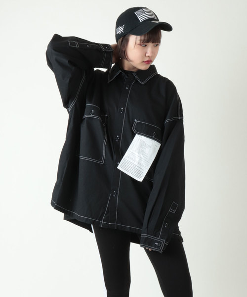 Jungle Storm(ジャングルストーム)の「【JUNGLE STORM】ステッチ配色長袖ワイドシャツ(シャツ/ブラウス・メンズ・ホワイト/ブラック/ブラウン/ケミカルウォッシュ・M/L)」の2枚目の写真