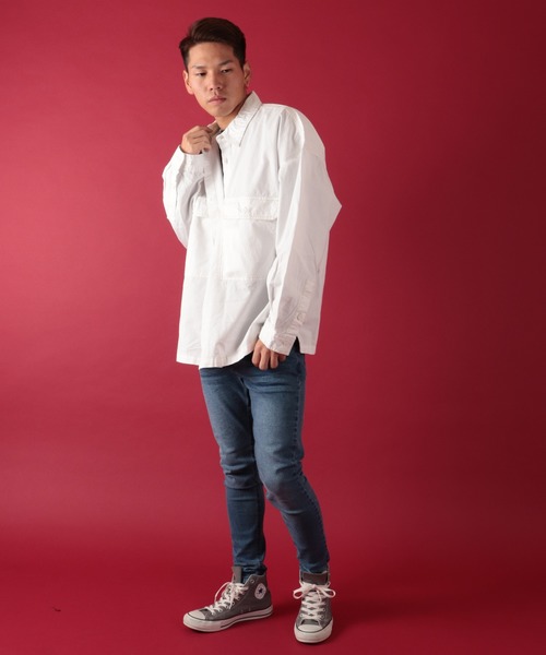 Jungle Storm(ジャングルストーム)の「【JUNGLE STORM】ステッチ配色長袖ワイドシャツ(シャツ/ブラウス・メンズ・ホワイト/ブラック/ブラウン/ケミカルウォッシュ・M/L)」の12枚目の写真