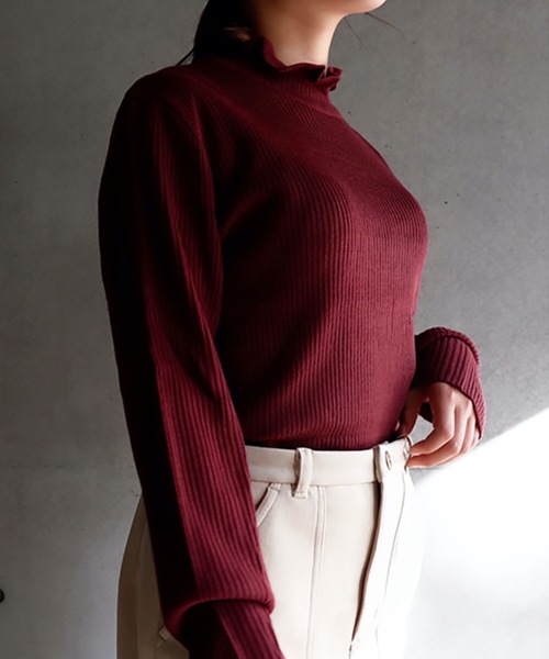 FUN.TRINITY（ファン トリニティー）の「フリルプチハイニット（ニット/セーター・レディース・マスタード/ボルドー/アイボリー/グリーン/ブラック・L/M）」の5枚目の写真