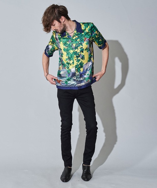 NO ID.(ノーアイディ)の「【NO ID.】Scarf Switch Open Collar Shirt / スカーフ 切替 オープン カラー シャツ(ポロシャツ・メンズ・グリーン/ブラック/イエロー・2/1)」の8枚目の写真