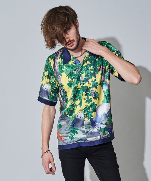NO ID.(ノーアイディ)の「【NO ID.】Scarf Switch Open Collar Shirt / スカーフ 切替 オープン カラー シャツ(ポロシャツ・メンズ・グリーン/ブラック/イエロー・2/1)」の16枚目の写真