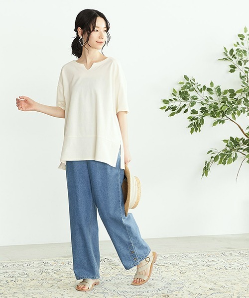 ONIGIRI（オニギリ）の「鹿の子　キーネックＴシャツ（Tシャツ/カットソー・レディース・ターコイズブルー/アイボリー/ブラウン・FREE）」の4枚目の写真