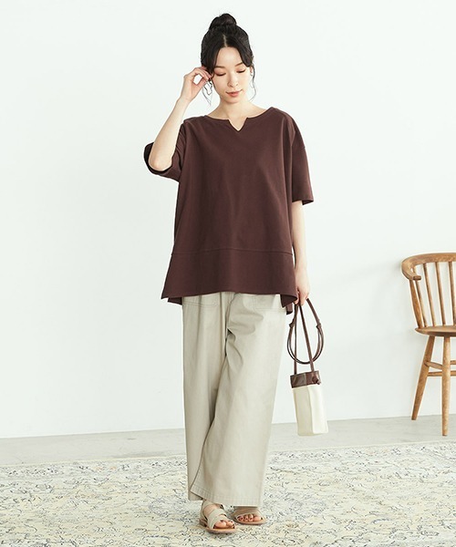 ONIGIRI（オニギリ）の「鹿の子　キーネックＴシャツ（Tシャツ/カットソー・レディース・ターコイズブルー/アイボリー/ブラウン・FREE）」の5枚目の写真