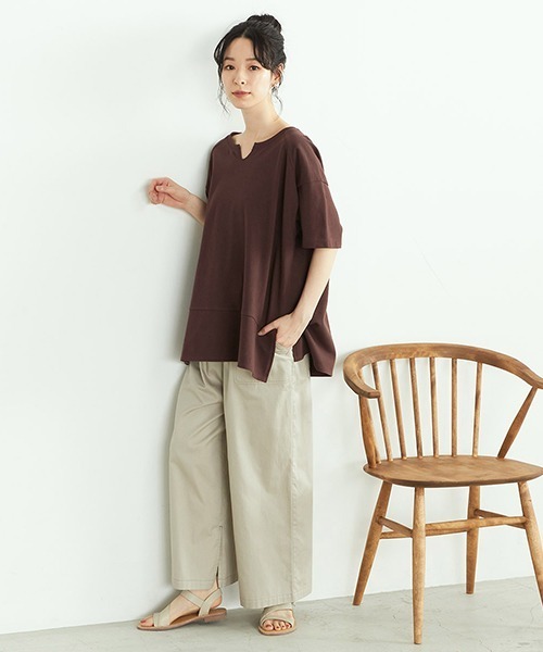 ONIGIRI（オニギリ）の「鹿の子　キーネックＴシャツ（Tシャツ/カットソー・レディース・ターコイズブルー/アイボリー/ブラウン・FREE）」の6枚目の写真