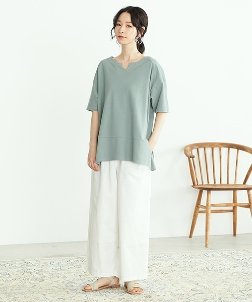 ONIGIRI（オニギリ）の「鹿の子　キーネックＴシャツ（Tシャツ/カットソー・レディース・ターコイズブルー/アイボリー/ブラウン・FREE）」の7枚目の写真