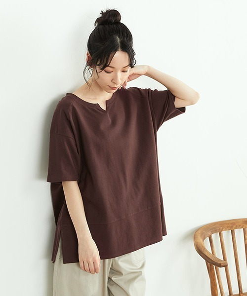 ONIGIRI（オニギリ）の「鹿の子　キーネックＴシャツ（Tシャツ/カットソー・レディース・ターコイズブルー/アイボリー/ブラウン・FREE）」の9枚目の写真