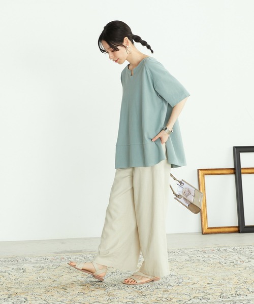 ONIGIRI（オニギリ）の「鹿の子　キーネックＴシャツ（Tシャツ/カットソー・レディース・ターコイズブルー/アイボリー/ブラウン・FREE）」の18枚目の写真