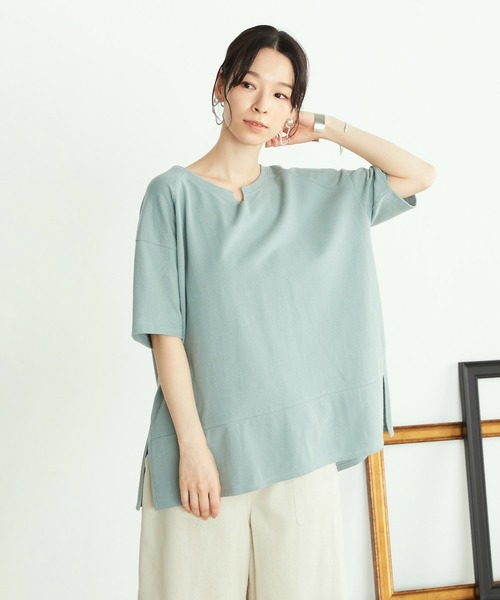 ONIGIRI（オニギリ）の「鹿の子　キーネックＴシャツ（Tシャツ/カットソー・レディース・ターコイズブルー/アイボリー/ブラウン・FREE）」の19枚目の写真