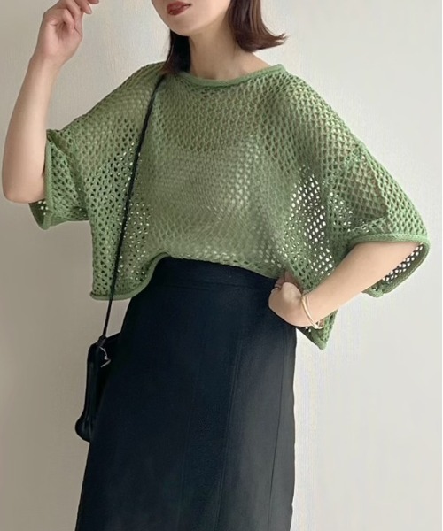 ANGIE(アンジー)の「透かし編み クロップド丈 メッシュニット(ニット/セーター・レディース・ブラック/ベージュ/オフホワイト/オレンジ/ブラウン/アイボリー/グリーン/ライトオレンジ系/ライトパープル/ダークグレー/ライトグレー/ブラック系その他/ベージュ系その他・FREE)」の10枚目の写真