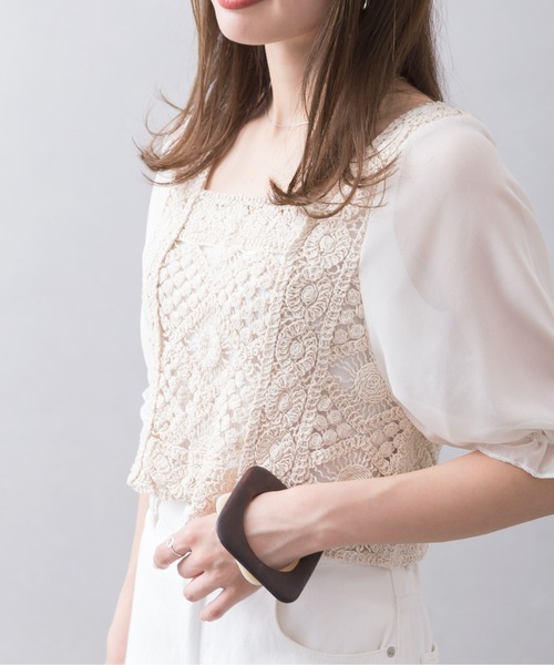 SpRay（スプレイ）の「かぎ針スクエアネック（シャツ/ブラウス・レディース・ベージュ/オフホワイト・FREE）」の6枚目の写真