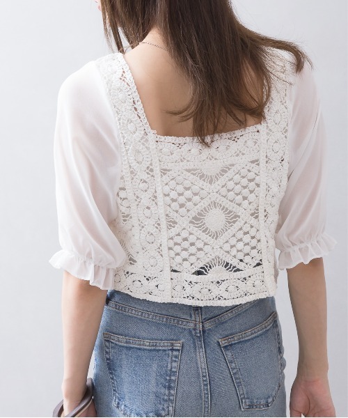 SpRay（スプレイ）の「かぎ針スクエアネック（シャツ/ブラウス・レディース・ベージュ/オフホワイト・FREE）」の4枚目の写真