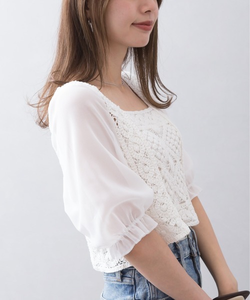 SpRay（スプレイ）の「かぎ針スクエアネック（シャツ/ブラウス・レディース・ベージュ/オフホワイト・FREE）」の9枚目の写真