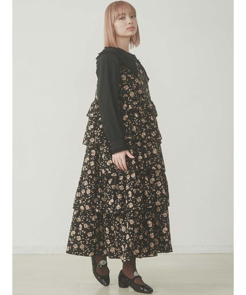 merry jenny（メリージェニー）の「floralティアードジャンスカ（ジャンパースカート・レディース・ブラック/アイボリー・FREE）」の12枚目の写真