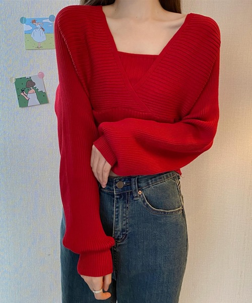 DAY CLOSET(デイ クローゼット)の「【重ね着風/バックリボン】ぽわん袖シルエット。キャミソールi一体型 レイヤードトップス風 カシュクール ニット セーター レディース(ニット/セーター・レディース・ブラウン/ピンク/レッド/ブラック/ホワイト・ONE SIZE)」の5枚目の写真