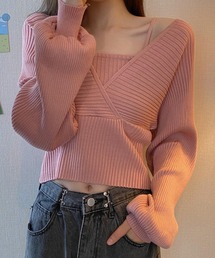 【重ね着風/バックリボン】ぽわん袖シルエット。キャミソールi一体型 レイヤードトップス風 カシュクール ニット セーター レディース