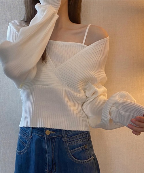 DAY CLOSET(デイ クローゼット)の「【重ね着風/バックリボン】ぽわん袖シルエット。キャミソールi一体型 レイヤードトップス風 カシュクール ニット セーター レディース(ニット/セーター・レディース・ブラウン/ピンク/レッド/ブラック/ホワイト・ONE SIZE)」の7枚目の写真
