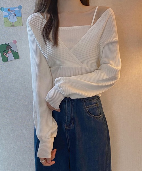 DAY CLOSET(デイ クローゼット)の「【重ね着風/バックリボン】ぽわん袖シルエット。キャミソールi一体型 レイヤードトップス風 カシュクール ニット セーター レディース(ニット/セーター・レディース・ブラウン/ピンク/レッド/ブラック/ホワイト・ONE SIZE)」の8枚目の写真