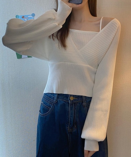 DAY CLOSET(デイ クローゼット)の「【重ね着風/バックリボン】ぽわん袖シルエット。キャミソールi一体型 レイヤードトップス風 カシュクール ニット セーター レディース(ニット/セーター・レディース・ブラウン/ピンク/レッド/ブラック/ホワイト・ONE SIZE)」の9枚目の写真