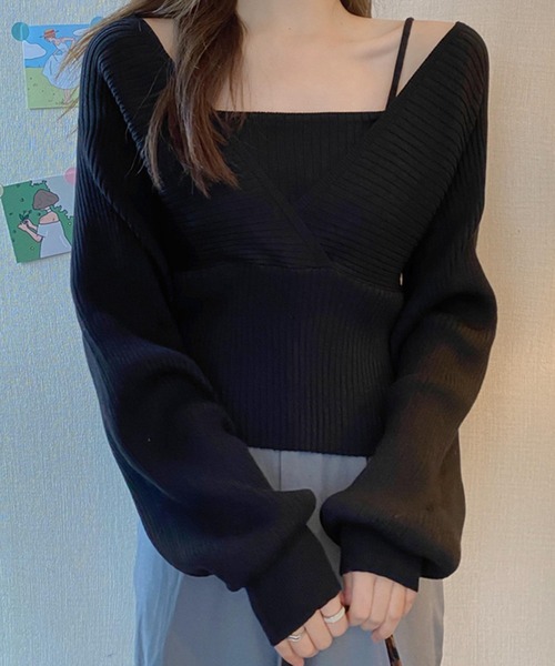 DAY CLOSET(デイ クローゼット)の「【重ね着風/バックリボン】ぽわん袖シルエット。キャミソールi一体型 レイヤードトップス風 カシュクール ニット セーター レディース(ニット/セーター・レディース・ブラウン/ピンク/レッド/ブラック/ホワイト・ONE SIZE)」の10枚目の写真
