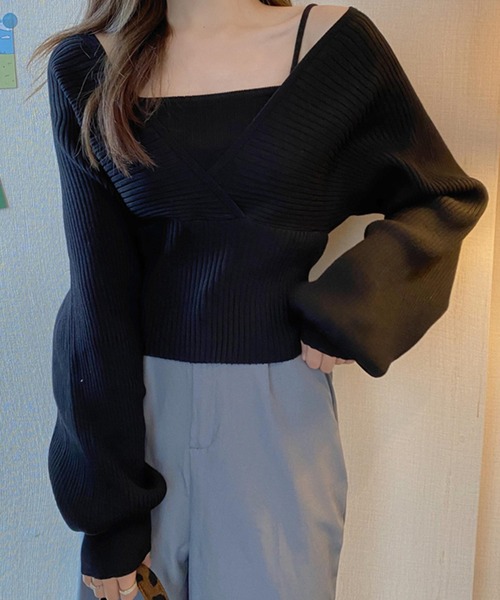 DAY CLOSET(デイ クローゼット)の「【重ね着風/バックリボン】ぽわん袖シルエット。キャミソールi一体型 レイヤードトップス風 カシュクール ニット セーター レディース(ニット/セーター・レディース・ブラウン/ピンク/レッド/ブラック/ホワイト・ONE SIZE)」の12枚目の写真