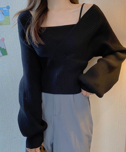 DAY CLOSET(デイ クローゼット)の「【重ね着風/バックリボン】ぽわん袖シルエット。キャミソールi一体型 レイヤードトップス風 カシュクール ニット セーター レディース(ニット/セーター・レディース・ブラウン/ピンク/レッド/ブラック/ホワイト・ONE SIZE)」の14枚目の写真