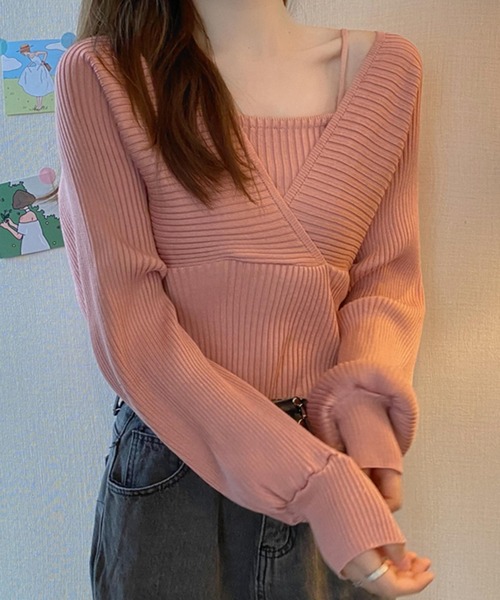 DAY CLOSET(デイ クローゼット)の「【重ね着風/バックリボン】ぽわん袖シルエット。キャミソールi一体型 レイヤードトップス風 カシュクール ニット セーター レディース(ニット/セーター・レディース・ブラウン/ピンク/レッド/ブラック/ホワイト・ONE SIZE)」の15枚目の写真