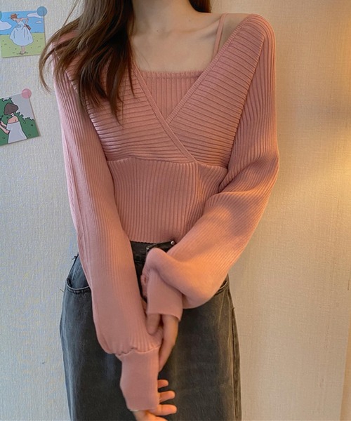 DAY CLOSET(デイ クローゼット)の「【重ね着風/バックリボン】ぽわん袖シルエット。キャミソールi一体型 レイヤードトップス風 カシュクール ニット セーター レディース(ニット/セーター・レディース・ブラウン/ピンク/レッド/ブラック/ホワイト・ONE SIZE)」の16枚目の写真