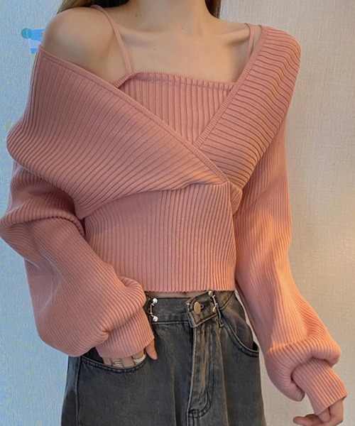 DAY CLOSET(デイ クローゼット)の「【重ね着風/バックリボン】ぽわん袖シルエット。キャミソールi一体型 レイヤードトップス風 カシュクール ニット セーター レディース(ニット/セーター・レディース・ブラウン/ピンク/レッド/ブラック/ホワイト・ONE SIZE)」の17枚目の写真