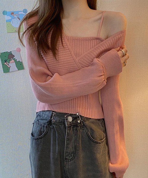 DAY CLOSET(デイ クローゼット)の「【重ね着風/バックリボン】ぽわん袖シルエット。キャミソールi一体型 レイヤードトップス風 カシュクール ニット セーター レディース(ニット/セーター・レディース・ブラウン/ピンク/レッド/ブラック/ホワイト・ONE SIZE)」の18枚目の写真