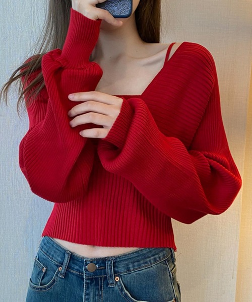 DAY CLOSET(デイ クローゼット)の「【重ね着風/バックリボン】ぽわん袖シルエット。キャミソールi一体型 レイヤードトップス風 カシュクール ニット セーター レディース(ニット/セーター・レディース・ブラウン/ピンク/レッド/ブラック/ホワイト・ONE SIZE)」の19枚目の写真