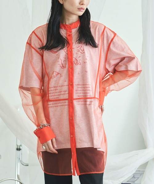 VACANCY（ヴァカンシー）の「シアーメッシュバンドカラーシャツ（シャツ/ブラウス・レディース・ブラック/オレンジ/ホワイト/ブルー・FREE）」の4枚目の写真