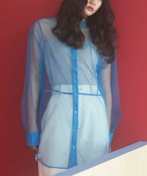 VACANCY（ヴァカンシー）の「シアーメッシュバンドカラーシャツ（シャツ/ブラウス・レディース・ブラック/オレンジ/ホワイト/ブルー・FREE）」の3枚目の写真