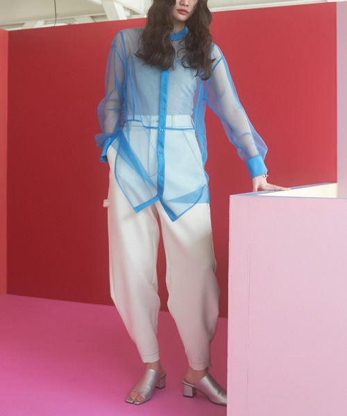 VACANCY（ヴァカンシー）の「シアーメッシュバンドカラーシャツ（シャツ/ブラウス・レディース・ブラック/オレンジ/ホワイト/ブルー・FREE）」の14枚目の写真