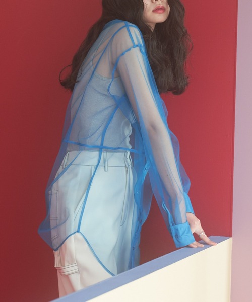 VACANCY（ヴァカンシー）の「シアーメッシュバンドカラーシャツ（シャツ/ブラウス・レディース・ブラック/オレンジ/ホワイト/ブルー・FREE）」の17枚目の写真