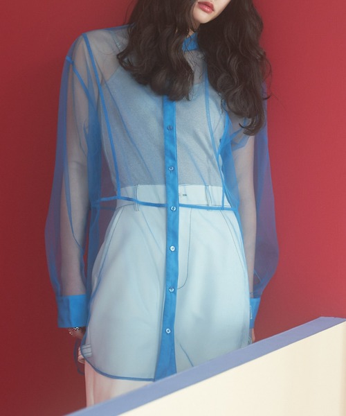 VACANCY（ヴァカンシー）の「シアーメッシュバンドカラーシャツ（シャツ/ブラウス・レディース・ブラック/オレンジ/ホワイト/ブルー・FREE）」の18枚目の写真