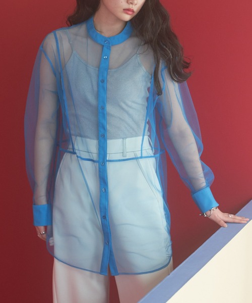 VACANCY（ヴァカンシー）の「シアーメッシュバンドカラーシャツ（シャツ/ブラウス・レディース・ブラック/オレンジ/ホワイト/ブルー・FREE）」の12枚目の写真