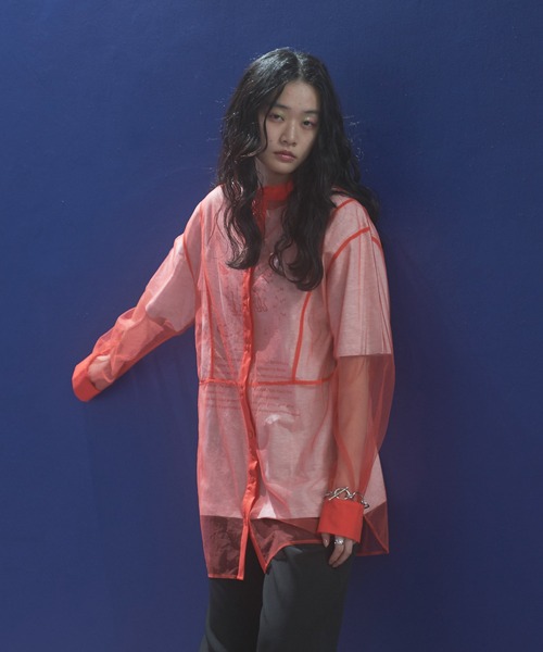 VACANCY（ヴァカンシー）の「シアーメッシュバンドカラーシャツ（シャツ/ブラウス・レディース・ブラック/オレンジ/ホワイト/ブルー・FREE）」の9枚目の写真