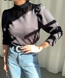 CUT OUT SHEER COLLAR TOPグレージュ