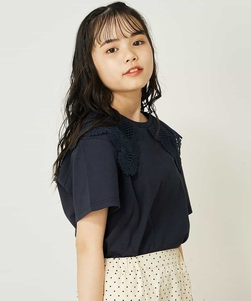 a.v.v（アーヴェヴェ）の「[140-150]レース衿半袖Tシャツ（Tシャツ/カットソー・キッズ・ネイビー/アイボリー・150/140）」の10枚目の写真